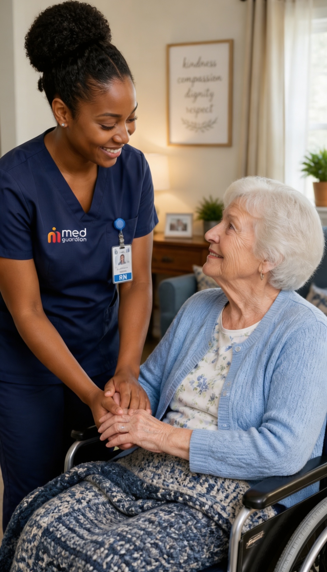 A caregiver holding the hand of an elderly resident in a sunlit care facility room